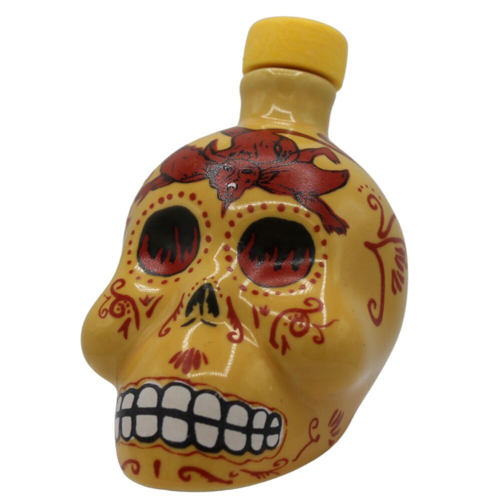 Small KAH Sugar Skull Tequila Bottle Gold Ceramic Mexico Decor EMPTY Collectible